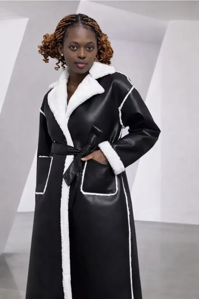 White Women's Fur Long Leather Coat — Luxury Belted, Turndown Collar