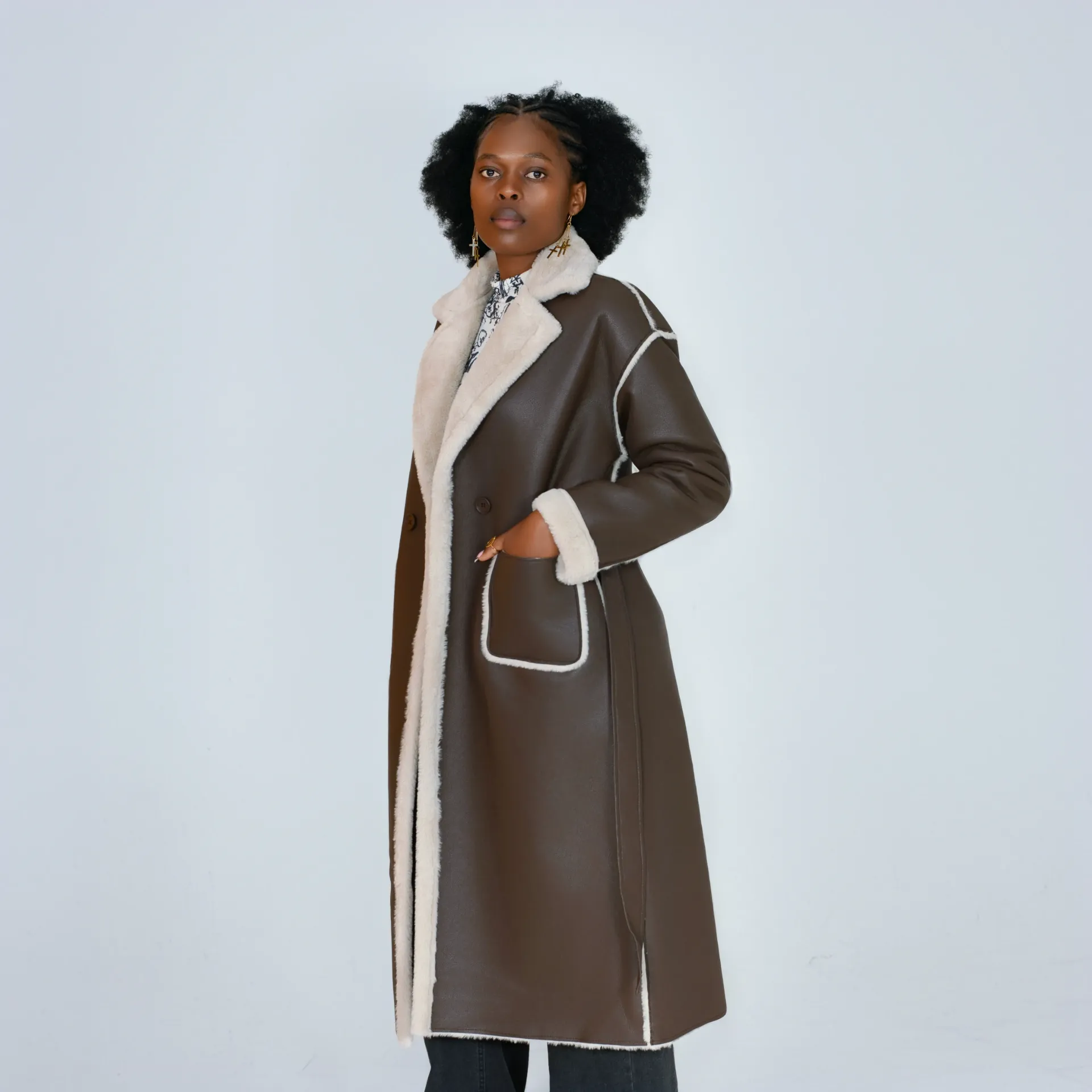 Brown Women's Fur Long Leather Coat — Luxury Belted, Turndown Collar (S)