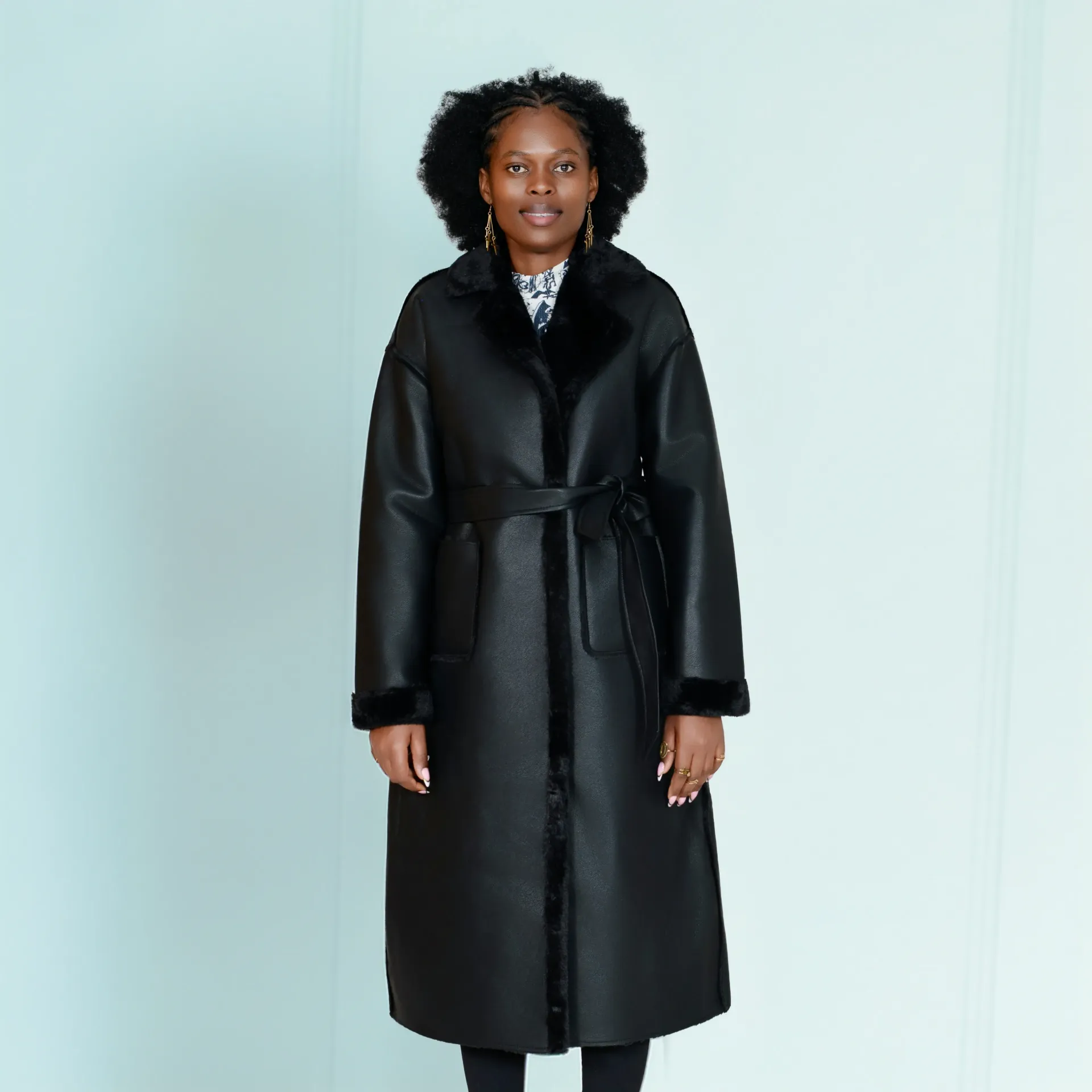 Black Women's Fur Long Leather Coat — Luxury Belted, Turndown Collar (S)