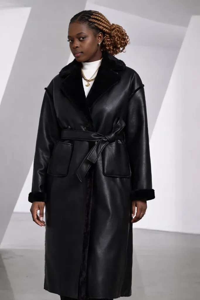 Black Women's Fur Long Leather Coat — Luxury Belted, Turndown Collar