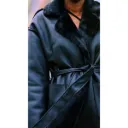 Black Women's Fur Long Leather Coat — Luxury Belted, Turndown Collar