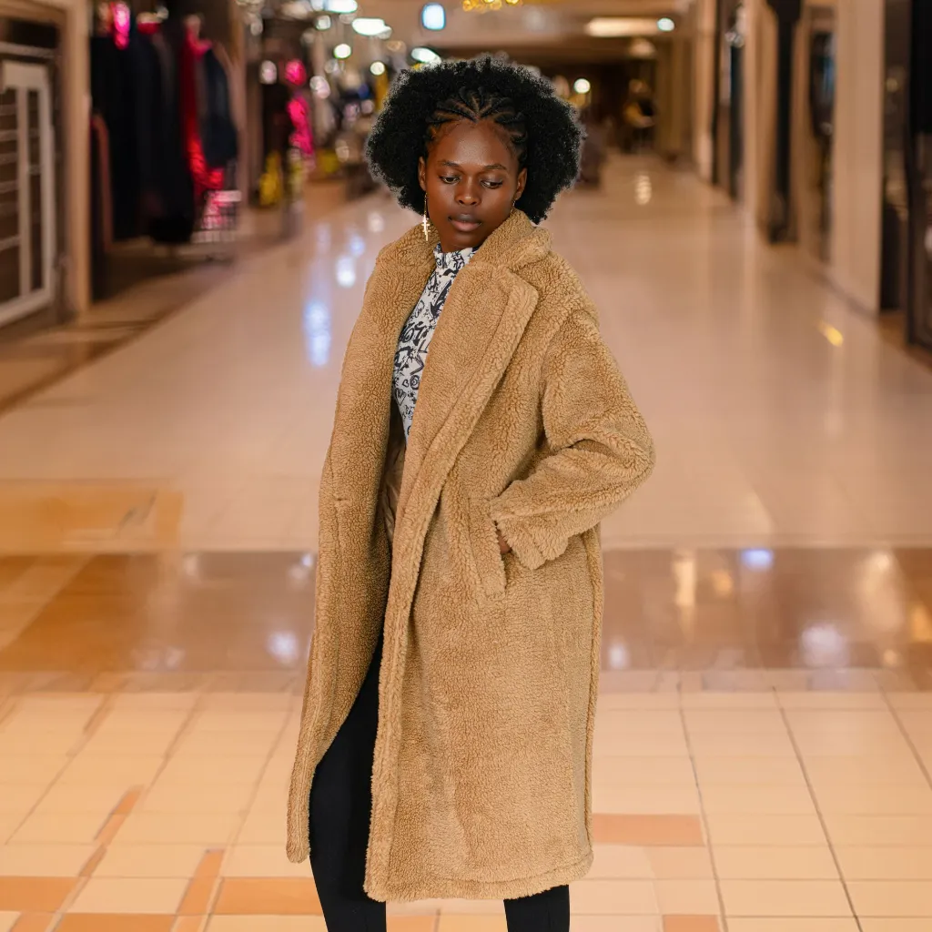 Camel Women’s Faux Shearling Teddy Coat — Oversize Winter Wool Overcoat