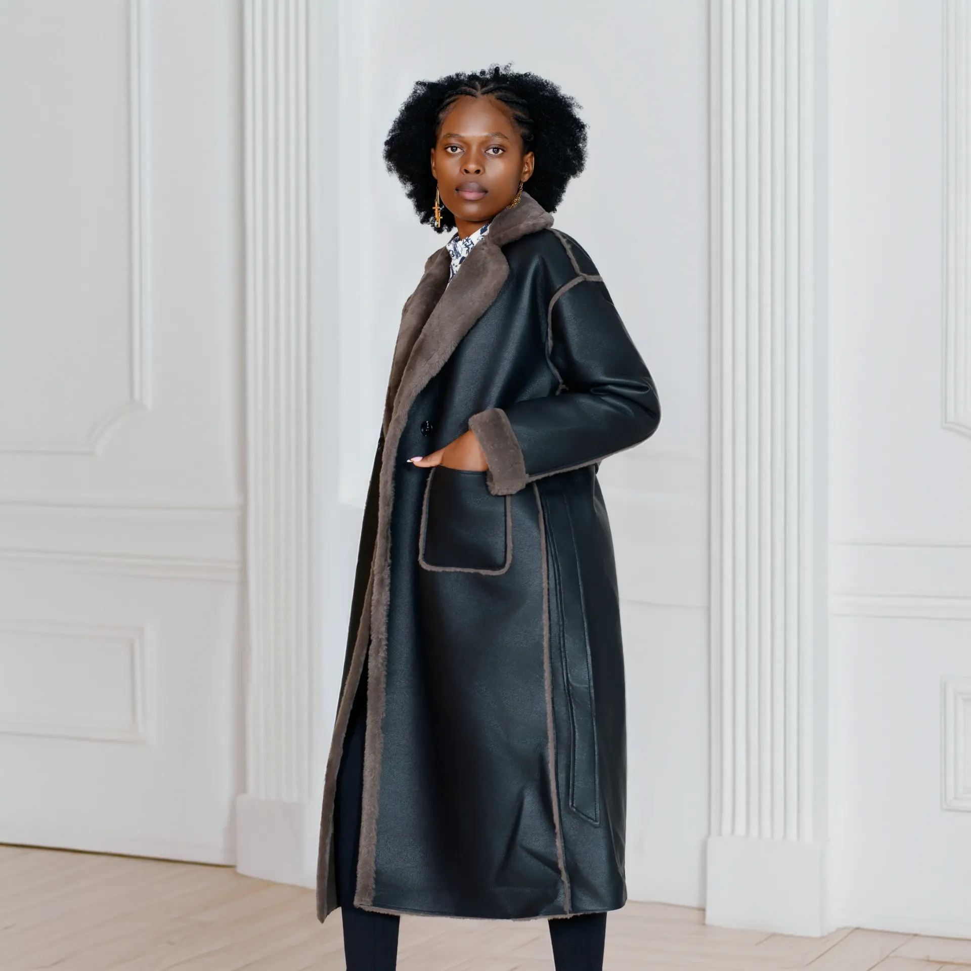 Coffee Women's Fur Long Leather Coat — Luxury Belted, Turndown Collar